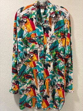 WAYNE ROGERS Rare VTG Long Sleeve Rayon Parrots Long Line Button Shirt Women M